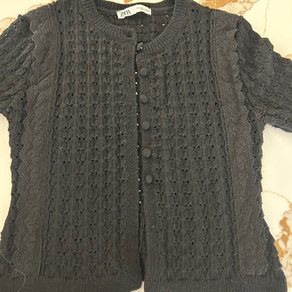 Zara Womens Pointelle Button Down Knit Cardigan Flare Lace Cuffs Whimsigoth Vibe - Picture 7 of 13